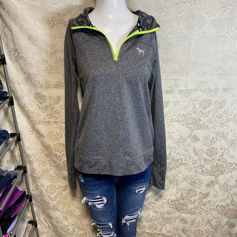 Y2K Victoria's Secret Gray Quarter-Zip Hoodie with Neon Accents
